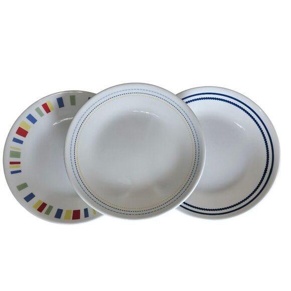 3 Corelle Mismatched Dessert Snack Plates 6.75" stripes geometric design - Picture 2 of 6